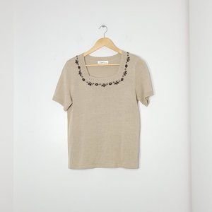 Tradition Knit Short Sleeve Shirt Top Beaded Cream Square Neck Sweater Womens S